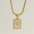 Square shell pendant necklace with golden letter V on a sleek snake chain - Letter V