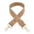 Close-up of geometric jacquard shoulder strap with gold metal buckles on white background - Beige/Earth Yellow Khaki