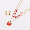 Detailed set of gold butterfly necklace and evil eye beads with matching stud earrings - Gold Red