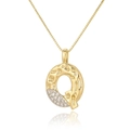Macro detail of gold letter Q pendant with sparkling zircon stones on a box chain necklace - Letter Q