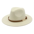 Detailed texture of cream straw fedora hat featuring a brown leather band and gold metal buckle - M (56-58cm) / Milk White