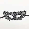 Elegant black lace masquerade eye mask with detailed floral patterns and satin ties - Flat Top