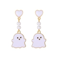 Ghost drop earrings with white enamel hearts and pearls in gold finish for Halloween - Stud Earrings / White (Stud Earrings)