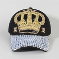 Detail of baseball cap with gold crown sequins and rows of pearls on the denim brim - Style 16-Black Gold Crown Pearl