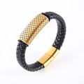 Bracciale da uomo in pelle nera intrecciata con tubo in metallo dorato e chiusura magnetica - Oro