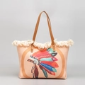 Sac cabas en toile bohème avec imprimé plumes colorées, franges beiges et anses en cuir brun - Coiffe en Plumes Beige
