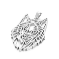 Polished stainless steel wolf head pendant with geometric hollow design for men - Silver Pendant Only