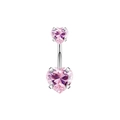 Silver belly button ring featuring two heart-shaped pink zircon gemstones on a polished bar - Double Heart Style
