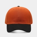 Detailed front view of a cotton twill baseball cap in orange with black brim and top button - Caramel + Black Brim
