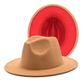 Detail of two-tone wool felt fedora with camel exterior and vibrant red interior lining - M (56-58cm) / Camel And Red