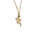 Elegant gold snake pendant necklace with green gemstone eyes and clear zircon stones - Gold