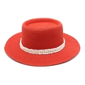 Cappello di paglia rosso con bordo in pizzo bianco e perle per spiaggia estiva - M (56-58cm) / Rosso