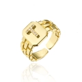 Macro view of adjustable 18K gold plated ring featuring a sparkling AAA zircon letter T - Letter T