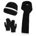 Black knit winter set for women including a hat, scarf, and gloves with white stripes - Black
