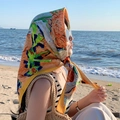 90x90 square silk scarf with oil painting abstract print in orange and emerald green - Oil Painting Sunflower-Orange Yellow