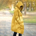 Dettaglio cardigan con cappuccio giallo zenzero in maglia a trecce con grandi tasche - 3XL / Giallo