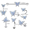 Blue enamel butterfly piercing set with cubic zirconia stones in stainless steel finish - 7Pcs Body Piercing Set