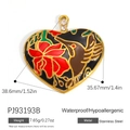 18k gold plated heart pendant with black enamel, hummingbird and red flower patterns - Blue Hummingbird Heart Pendant PJ93193B