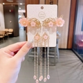 Pink flower hair clips with long gold tassels for girls traditional Chinese Hanfu style - 448-32 Golden Fan Pink Peach Tassel Pair Clips