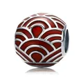 S925 sterling silver red enamel bead with fan pattern for charm bracelets - Hollow Chinese Style