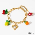 Golden stainless steel bracelet with colorful fruit charms and a heart zircon pendant - Gold Bracelet (KB952)