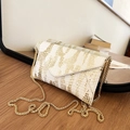 White envelope crossbody bag with gold crocodile texture and metal chain strap - White