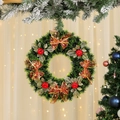 Detail of Christmas wreath with red bows, golden leaves, and berries on pine branches - Apple Style / 42*42*9cm