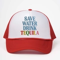 Cappello trucker rosso e bianco con scritta Save Water Drink Tequila e rete traspirante - Rosso