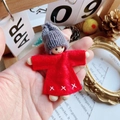 Handmade Christmas doll ornament featuring a red felt dress and gray knitted hat with lanyard - Dark Grey Knit Hat Stitched Red Dress Pendant (A35)