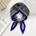 Pleated square scarf with black and white geometric patterns and navy blue borders - Blue Edge Pleated Small Houndstooth