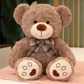 Brown teddy bear plush toy with curly fur and blue checkered bow tie, soft stuffed animal - Camel / 35cm