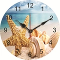 Silent wooden wall clock with beach starfish and seashell pattern in blue oceanic theme - Bright Color Beach