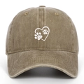 Detail of white embroidered heart and paw print on washed cotton baseball cap - Adjustable / Khaki