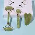 Three-piece green jade facial massage set with rollers and heart-shaped gua sha tool - Jade Stone 3-Piece Set / Green