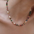 Close-up of Bohemian necklace with colorful natural stone beads and baroque pearls - Necklace / Rainbow Necklace