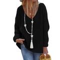 Detail of black V-neck knit sweater with chunky mesh texture and star beaded necklace - 2XL / Black