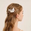 Pettine per capelli con fiori bianchi perle e cristalli per acconciature da sposa - 1# Pettine per Capelli (Oro/Bianco)
