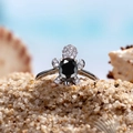 Silver turtle ring with oval black faceted gemstone and sparkling white zircon pavé - Black Zirconia
