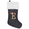 Detail of grey velvet Christmas stocking with white plush trim and golden glitter letter E - Letter E