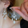 Silver vintage chandelier earrings with white opal stones and sparkling crystal tassels - E2036 White / 925 Silver Earring Post