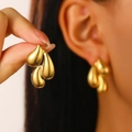 Three-tier golden teardrop earrings in polished stainless steel for a layered metallic look - 18K Gold Plated Triple Drop (N-986)