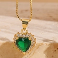 14K gold plated heart necklace featuring a green zircon pendant with a halo setting - Green Zirconia