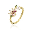 Detail of 18K gold ring featuring colorful gemstone flower and elegant white pearls - Adjustable Open / Gold Multicolor Zirconia Pearl Flower Style (12285)