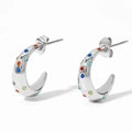 Silver C-shaped stainless steel earrings featuring colorful round zircon stone inlays - Silver + Colorful Zircon (PDE890)