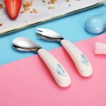 Set de fourchette et cuillère pour enfant en acier 316 avec manche motif éléphant - Cuillère et Fourchette Courbées / Bleu/Blanc