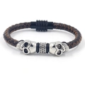 Men's dark brown braided leather skull bracelet with silver alloy accents and magnetic clasp - Brown
