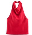Detail of red satin cowl neck top with halter neck design and smooth silk texture - XS / Red