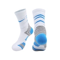 Thickened basketball socks in white with blue and grey stripes, side and back views - Kids One Size / White/Lake Blue