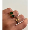 Ringenset van 18k verguld roestvrij staal met groene vierkante en druppelvormige zirkoon - 3-delige set / Groene Zirkonia