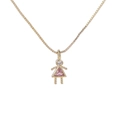 Gold girl pendant necklace with pink triangle gemstone and shiny clear round stone charm - Girl-October